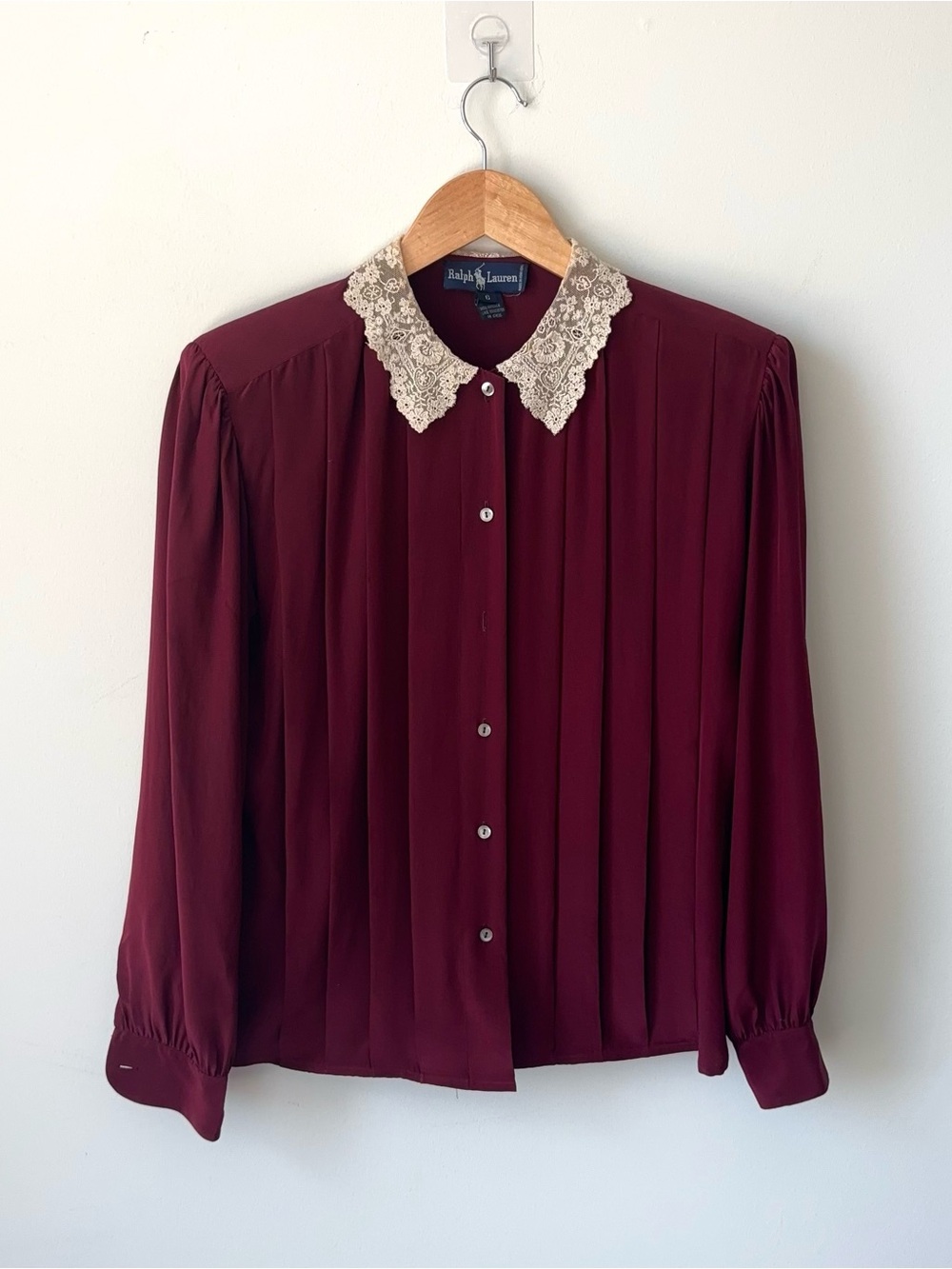 Vintage Ralph Lauren Blue Label 100% Silk Lace Collared Blouse Shirt Size 6